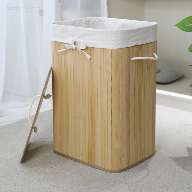 72 L Strong Folding Bamboo Cloth Laundry Hamper Rectangle Storage Basket with Lid Handle Natural Cotton Material Home Use Basket