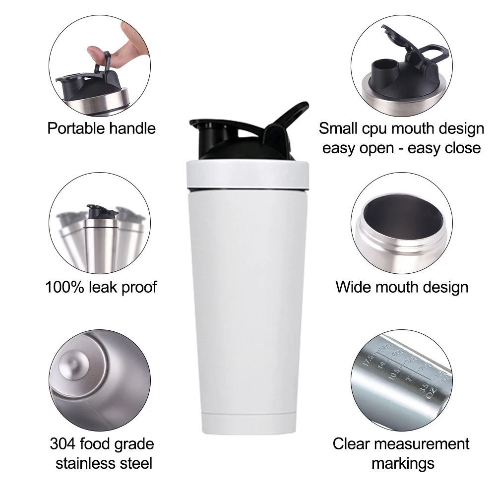 Custom High Quality bpa free 739ml / 500ml Gym Metal Protein Shaker Cup Stainless Steel Shaker Bottle