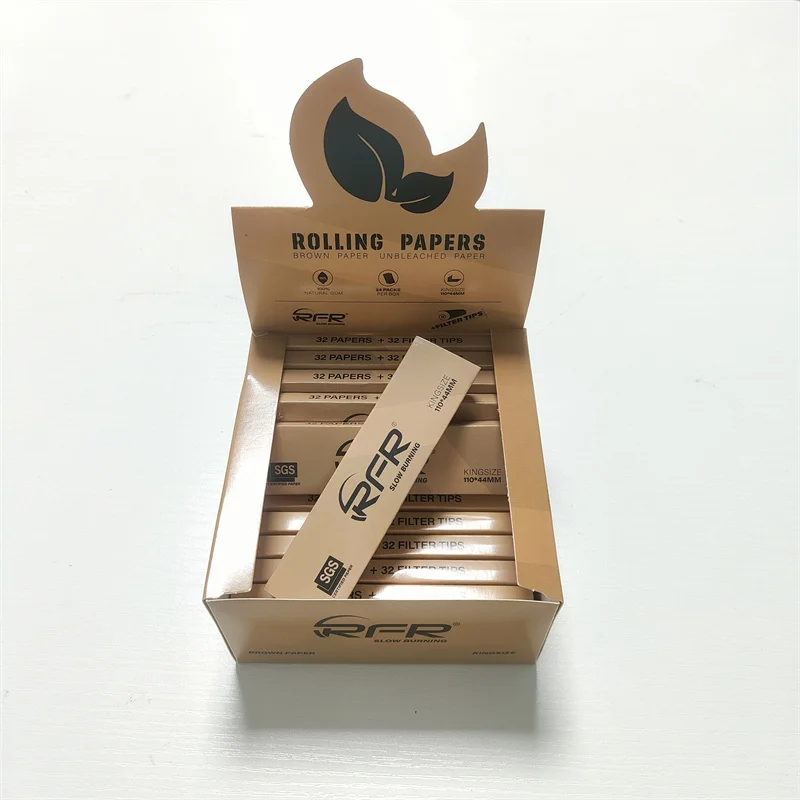 Slim and Slow Burning Unbleached Brown RFR Rolling Papers OEM custom Smoking Paper Roll  33 Leaves King Size
