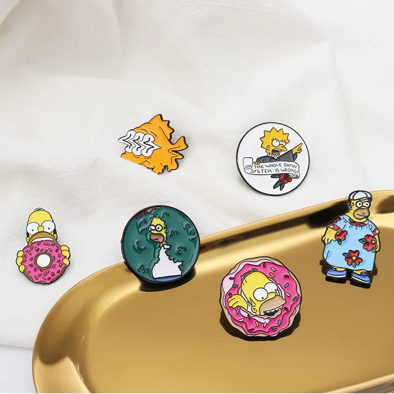Wowei Wholesale Custom Metal Cute Cartoon Anime Simpsons Funny Personality Badges Lapel Pins For Clothes