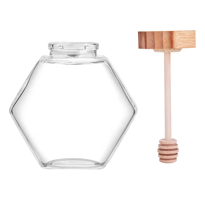 8 Ounces Hexagon Shape Honey Pot Glass Jar with Wooden Dipper and Cork Lid Cover for Home Kitchen