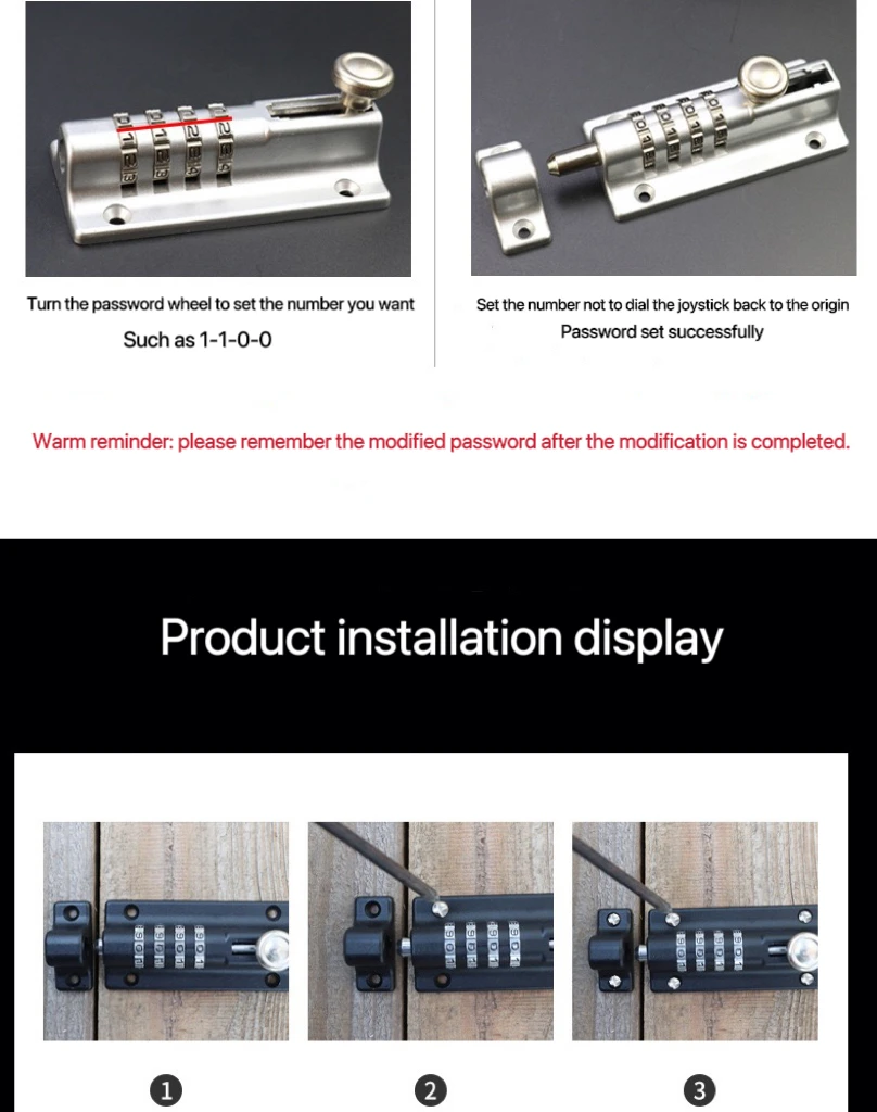 Mechanical password lock with password pin lock security and anti-theft door bolt lock