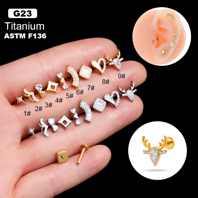 Модный стиль G23 Titanium Astm F136 Любовь Сердце Циркон внутренняя нить уха пирсинг хряща серьги