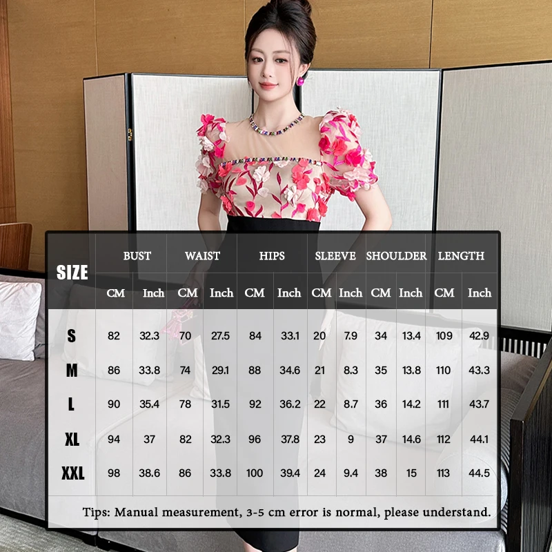 ZYHT 50677 Pink Mesh Ruched 3D Flower Sleeve Lace Stitching French Dress Perspective Split Tight Pencil Dress