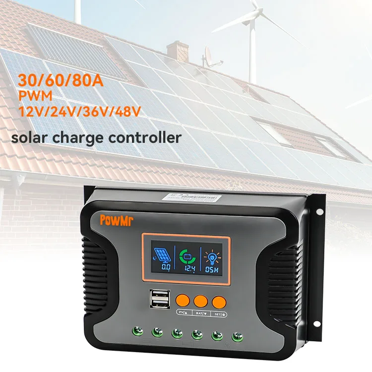 PowMr 30A 60A 80A Solar Panel Power Charge Controller Built-in 2 USB ports 12/24/36/48V PWM Solar Charge Controller
