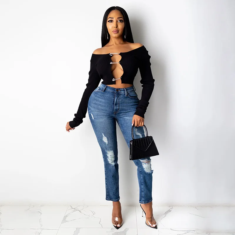 Hot Sales Sexy White Hollow Out T-shirt Women Rib Knitted Long Sleeve Cardigan Tees Solid Crystal Pin Slim Short Tops Streetwear