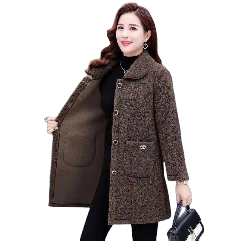 Faux lamb wool coat female middle-aged and elderly mothers fall/winter loose mid-length granular sheep shearing fur coat