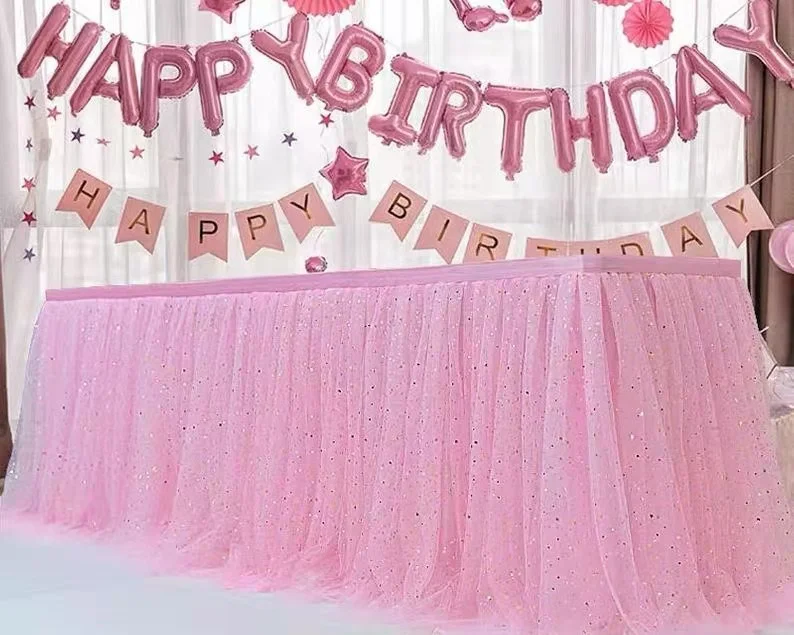 Rectangle round candy Baby pink tulle table skirt Dot Table tutu cloth wedding decor table fluffy skirting