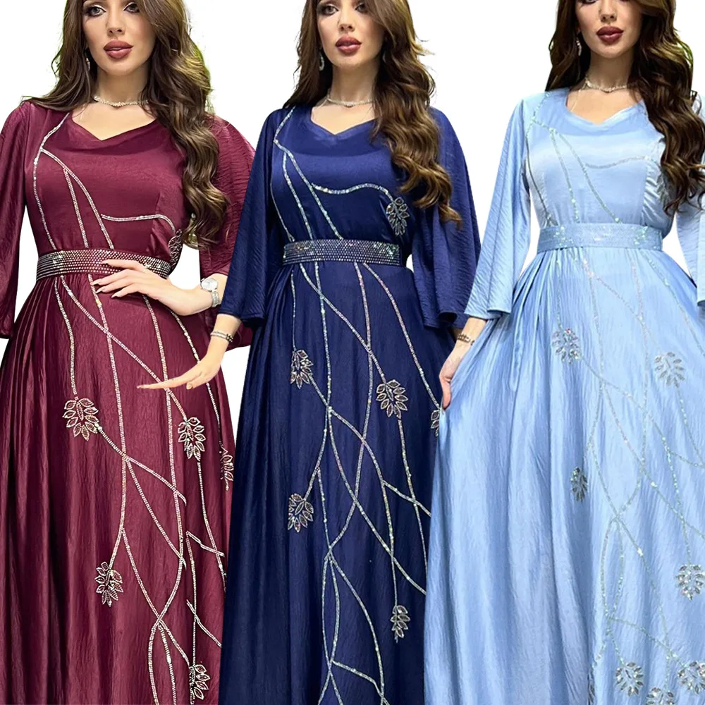 Turkey Muslim Dress Women Abaya Diamond Lace-up Party Dresses Moroccan Kaftan Ensemble Femme Musulmane Jilbab Hijab Vestidos