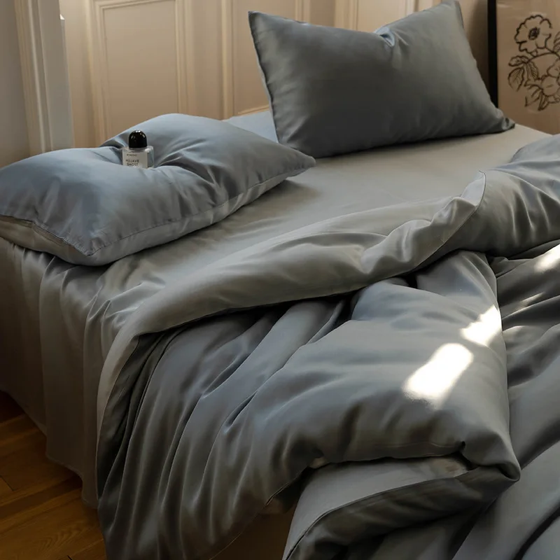 Luxurious Solid Bedding Queen Size Fitted Sheet Silk Bed Sheets Bedding Sets Luxury Tencel Duvet Cover Set