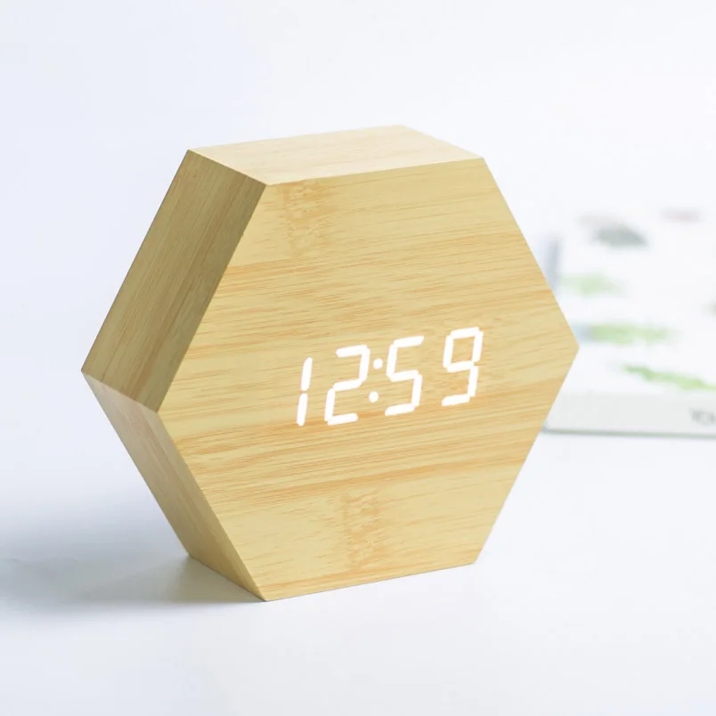 Marble Pattern table led number clock Digital Wooden LED Temperature Alarm Clock Wood Retro Glow Desktop Clock