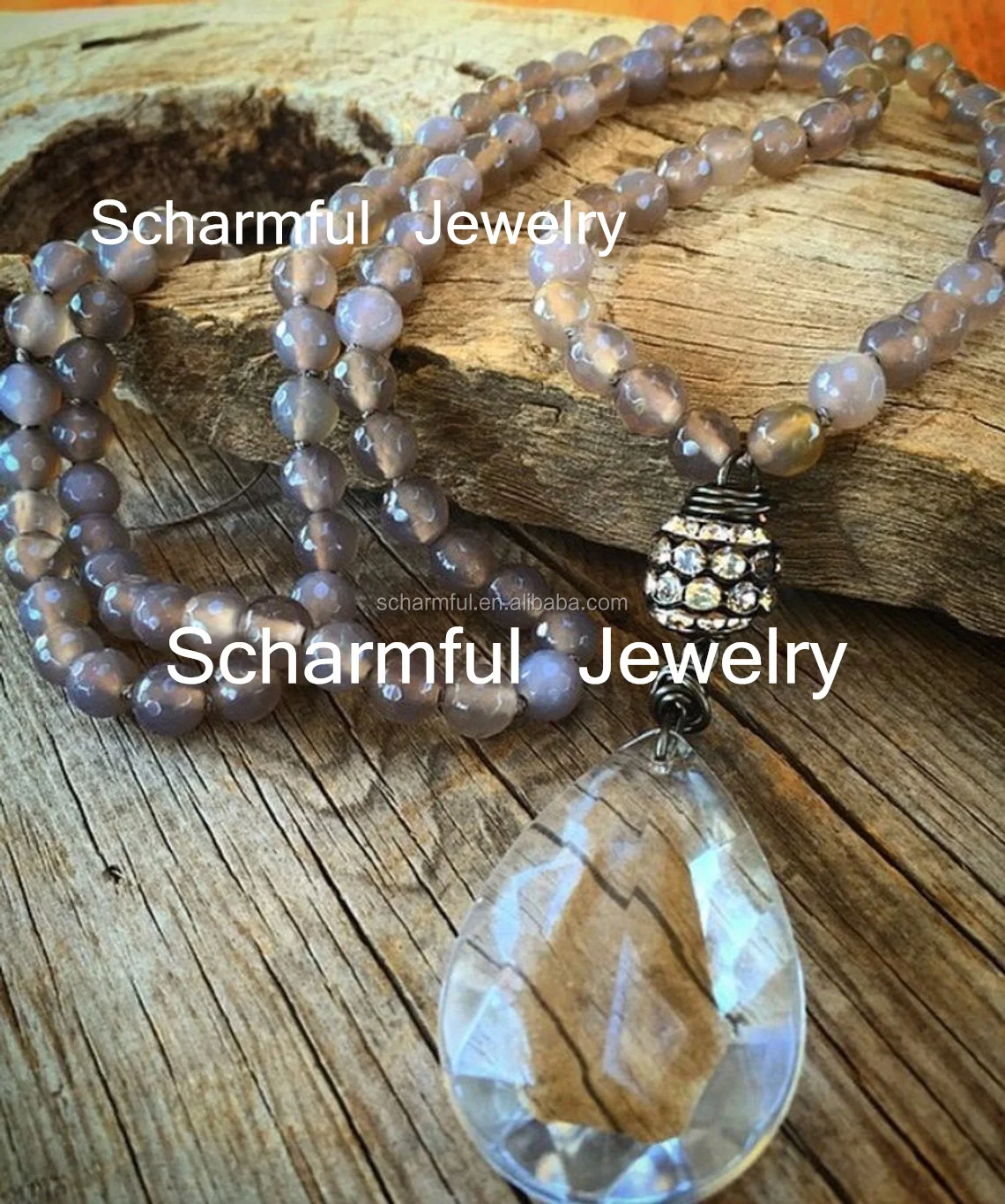 NS01122055 HandMade Jewelry Long Gray Agate Natural Stone Beaded Necklace With Crystal Pendant