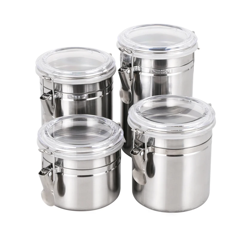 wholesale round airtight canisters metal stainless steel food coffee tea sugar canisters sets for the kitchen storage