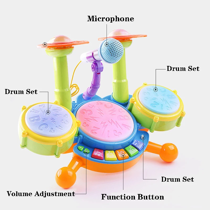 Electronic Musical Instruments Toys, 2 Drum Sticks Beats Flash Light Adjustable Microphone Kids Drum Set//