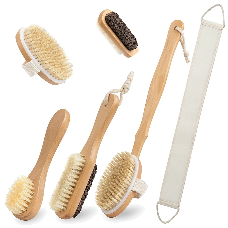 Natural Wooden And Boar Bristle Dry Body Cleaning Brush Bath brush And Massage Set With Custom Logo