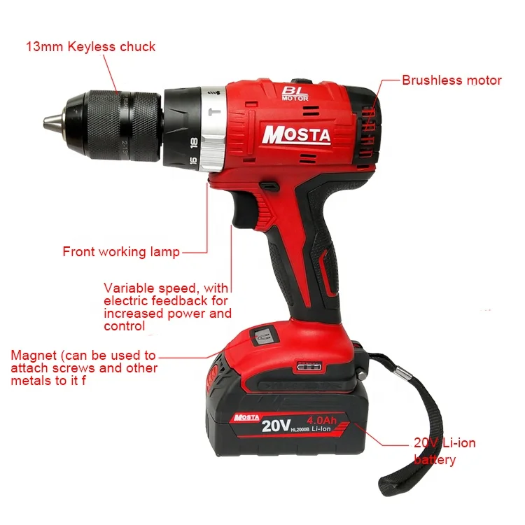 MOSTA 20V Power Tools safe Li-ion Cordless Impact Drill Electric Set with 2.0Ah