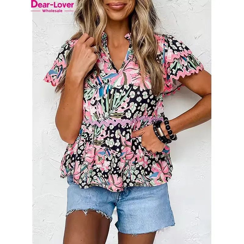 Dear-Lover Wholesale Private Label Woman Shirt Top Blouse Elegant Ricrac Stitching Floral Leopard Short Sleeve Lady Blouses