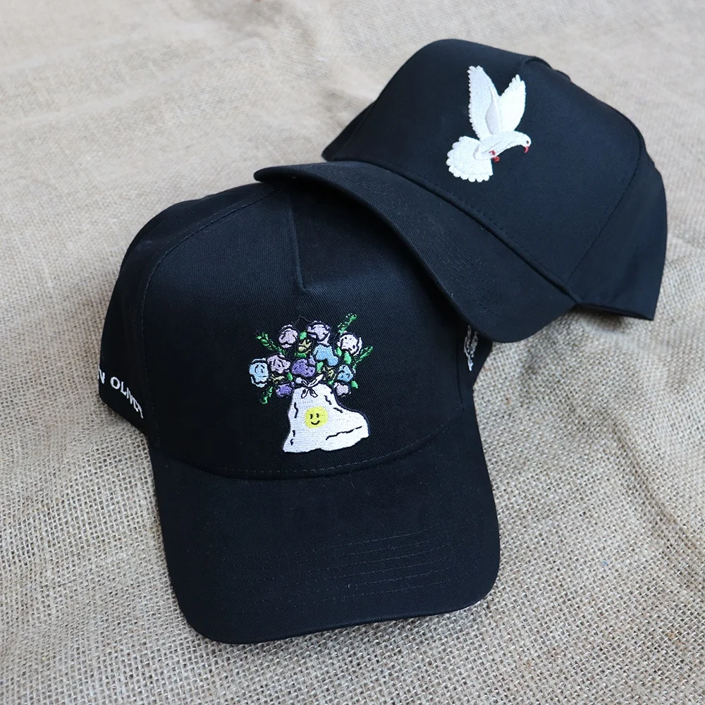 Simple unique 5 panel black baseball cap with logo cotton cap Sports cap for men and women