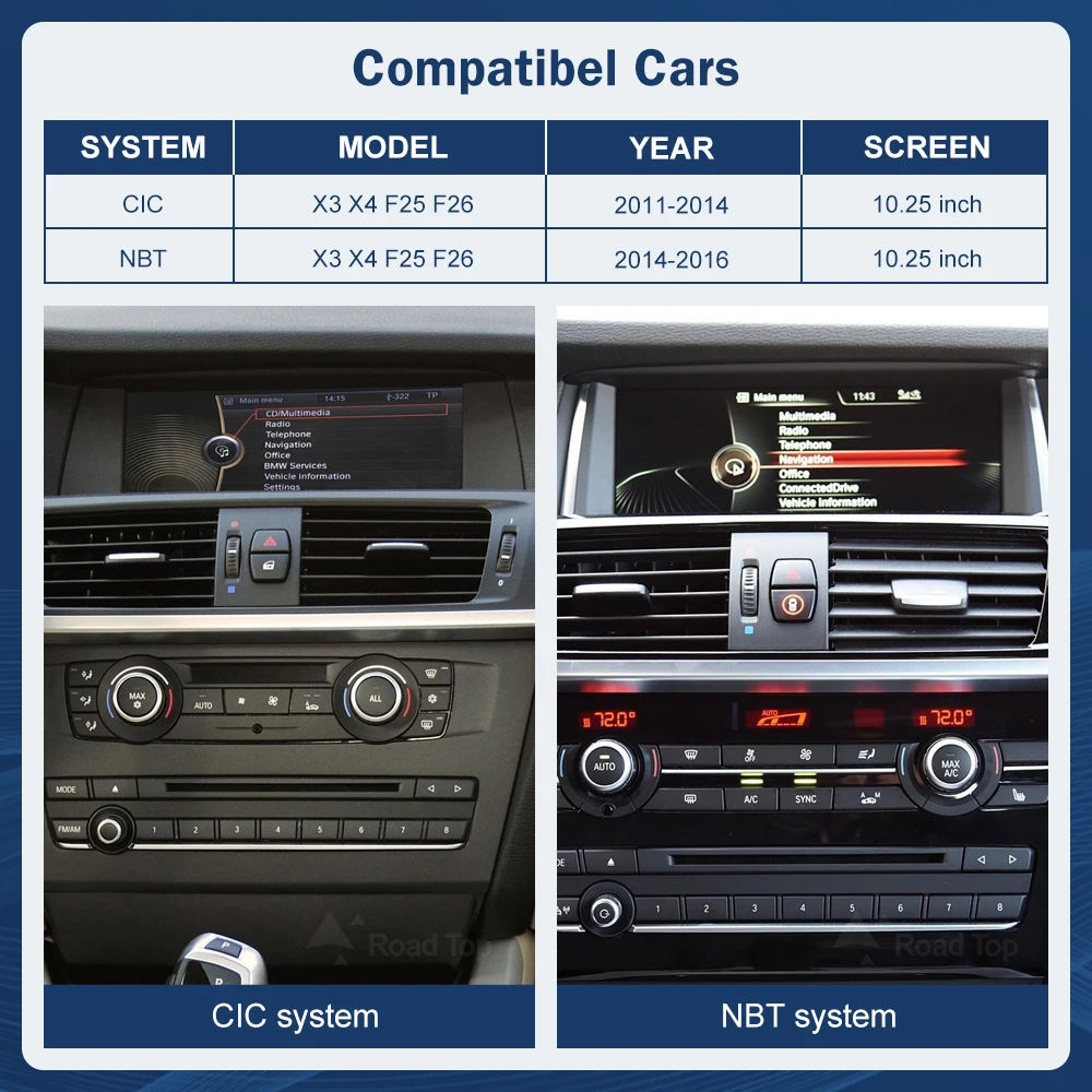 Road Top 1920*720 Resolution Stereo GPS Navigation Car Radio Linux Carplay Screen For BMW X3 X4 F25 F26 2011-2016 CIC NBT
