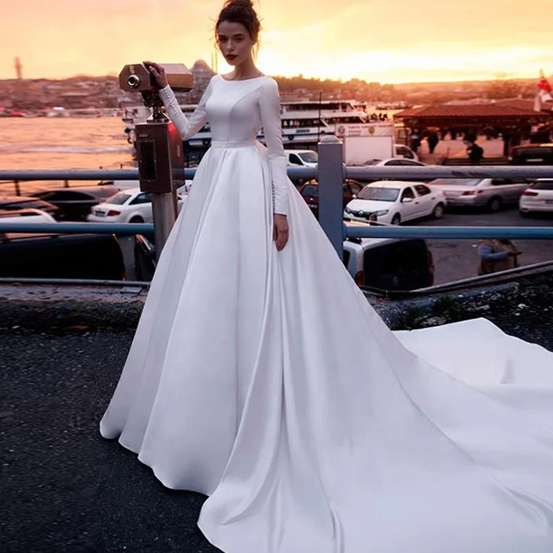 Hongkong Full Sleeve Satin Sexy Open Back Wedding Dresses With Long Train