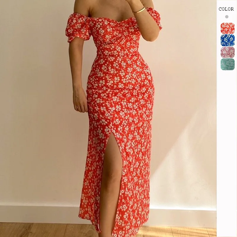 Factory Wholesale Custom Casual Short Sleeve  Long Women Floral Print Long Dresses