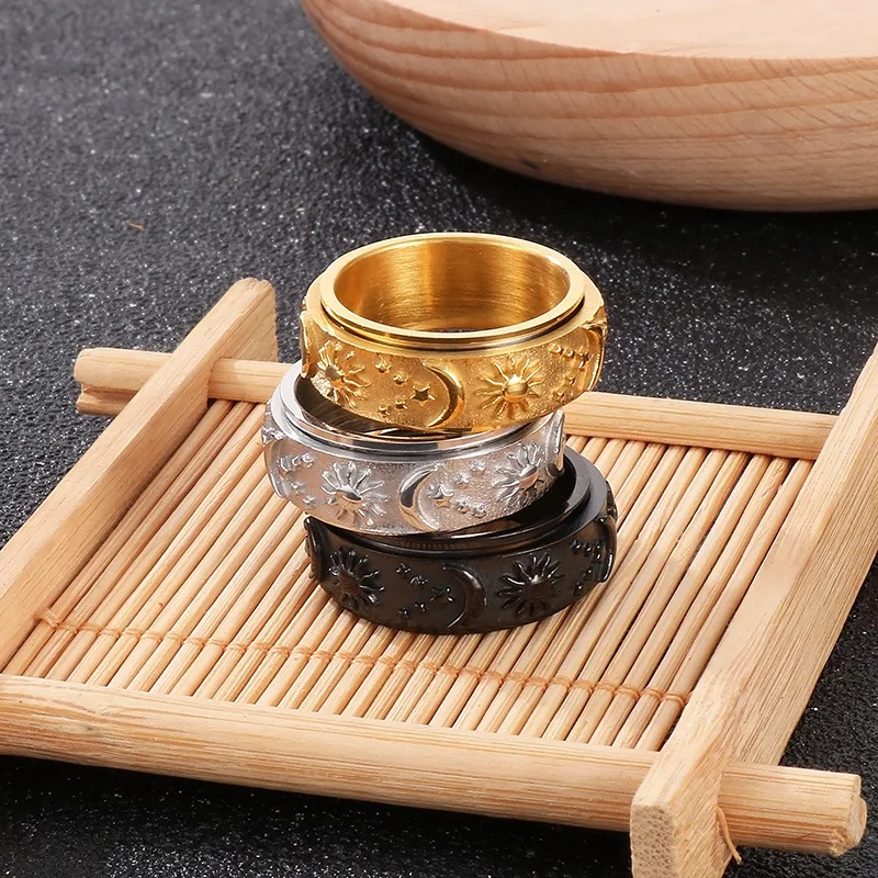 Hot Sale Fashion Men Women Rings Stainless Steel Rotatable Spinning Ring Star Sun Moon Bohemian Rings