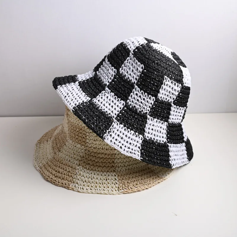 Handmade Breathable Travel Beach Protection Sun Crochet Bucket Hat Ladies Plaid Womens Straw Hats For Men