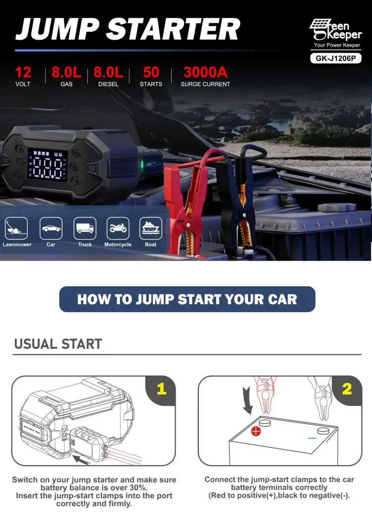 3000A Peak 20000mAh Portable Mini Car Jump Starter Emergency Battery Booster Pack Power Bank with LED Flashlight