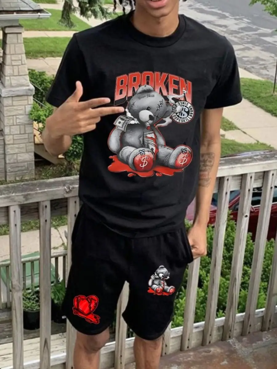 Vintage Mens Shorts Sets Cotton 2 Piece Set Acid Washed Men Summer Set T Shirts And Shorts