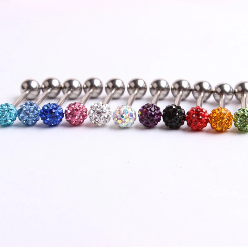 Wholesale 14G Stainless Steel Crystal Round Ball Barbell Tongue Ring Studs, Multi Color Bar Piercing Pin Jewelry  for Women Men