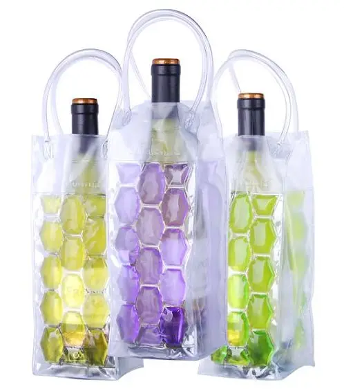 PVC wine cooler ice bottle liquid bag with pvc piping handle custom logo cooling gel holder carrier