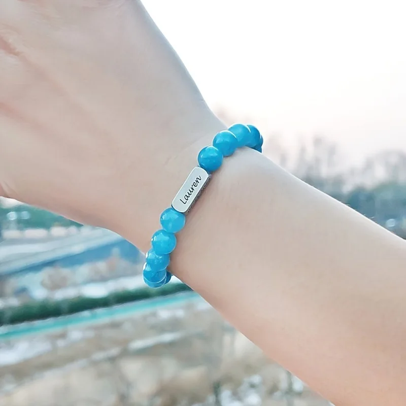 Stainless Steel Customized Logo Name Bracelet Natural Healing Energy Crystal Tiger Eye Lava Turquoise Stone Bead Bracelet