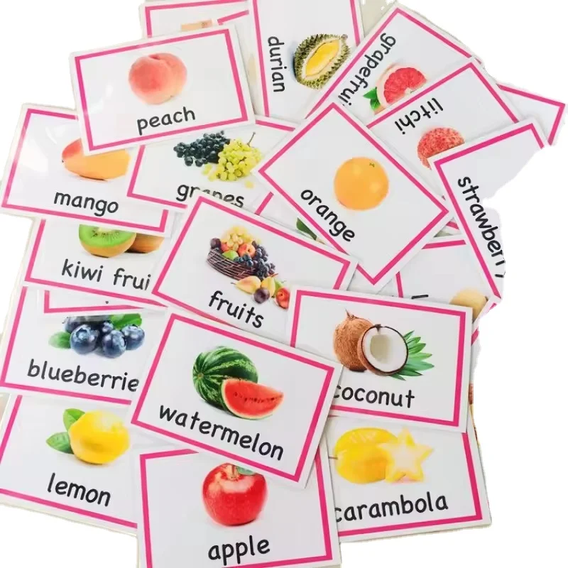 Custom Early Learning Children Fruit Alphabet Animals Colorful Cognitive Flash Cards Set For Kids Family Education