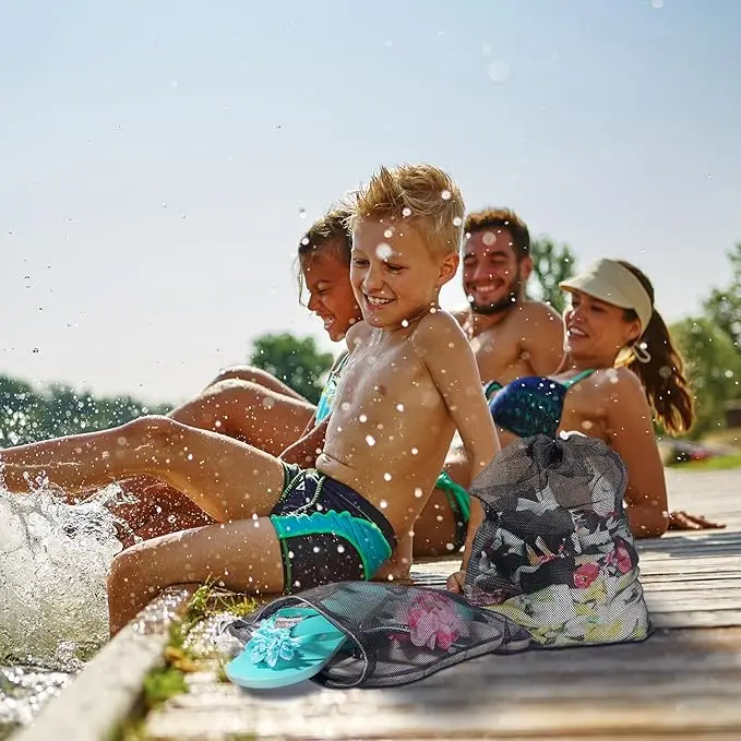 Durable Nylon Mesh Drawstring Bag For Rinsing Beach Toys Collecting Mesh Bag With Clip & Cord Lock Closure Storage Bag