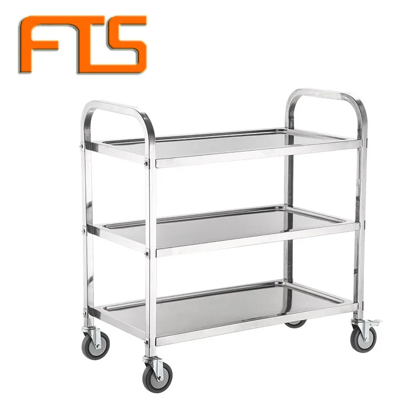 FTS Hotel Food Hand Wheel Cart Bar Metal China Kitchen Catering 3 Tier Commercial Stainless Steel Trolley
