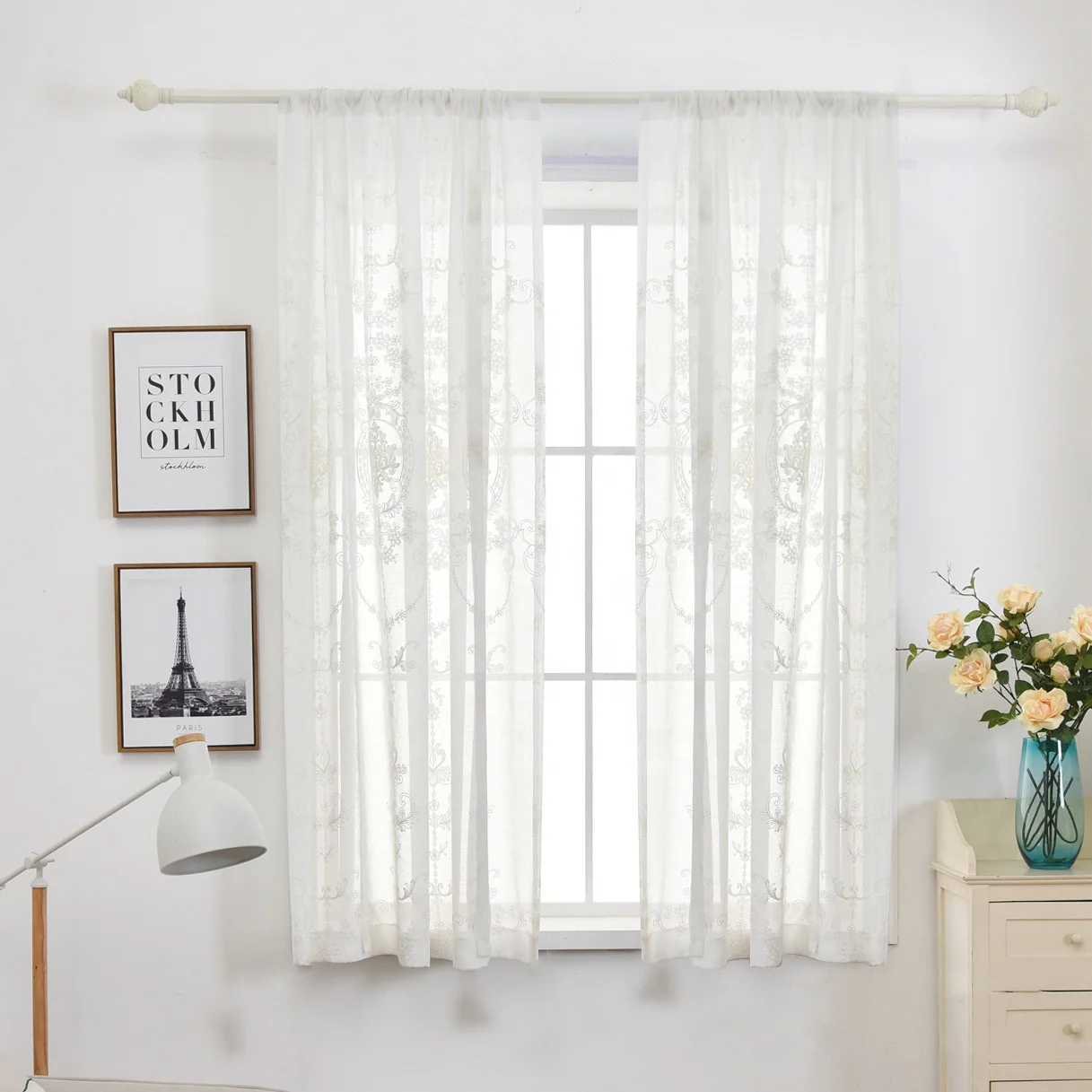 Classical Floral White Color Roman Curtains For Window Embroidery Tulle Sheer  Curtain