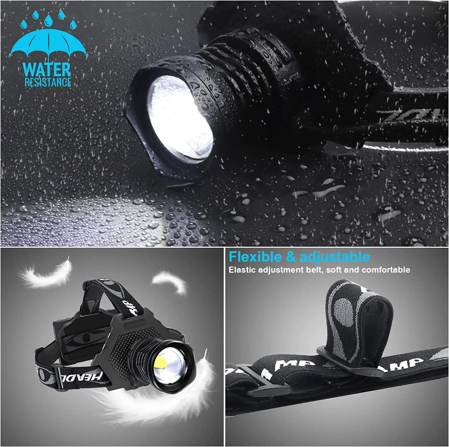 LED Headlamp USB Rechargeable Head Lamp XHP70 Super Bright 90000 High Lumen with 5 Modes Batteries Included Zoomable Waterproof
