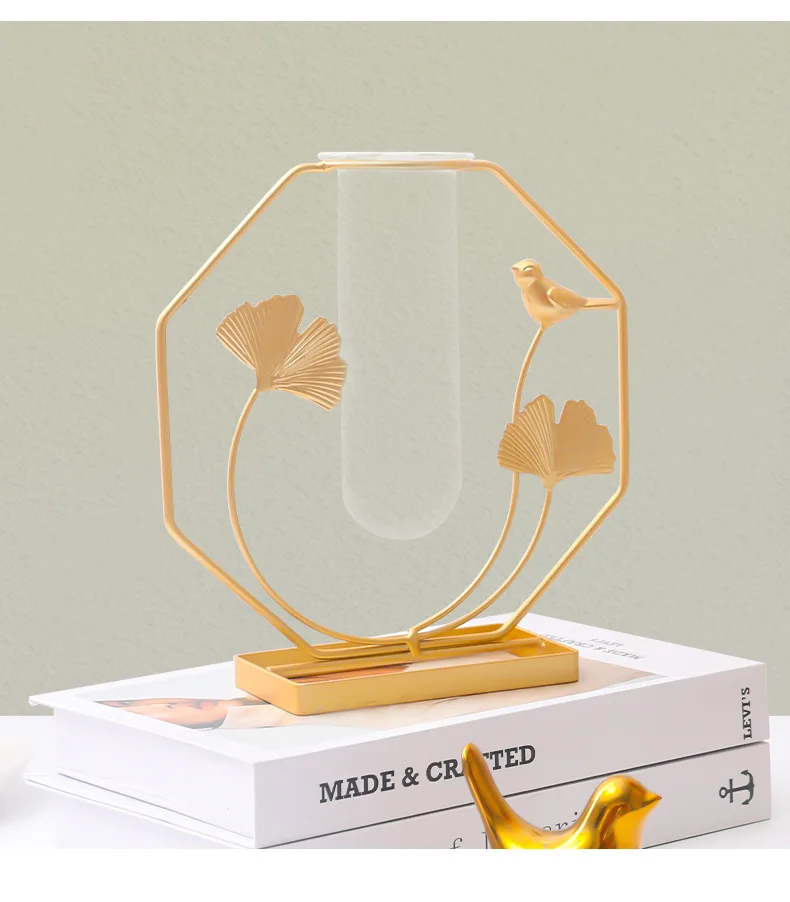 Home decoration nordic luxury ginkgo leaf iron glass hydroponics flower arrangement metal vase