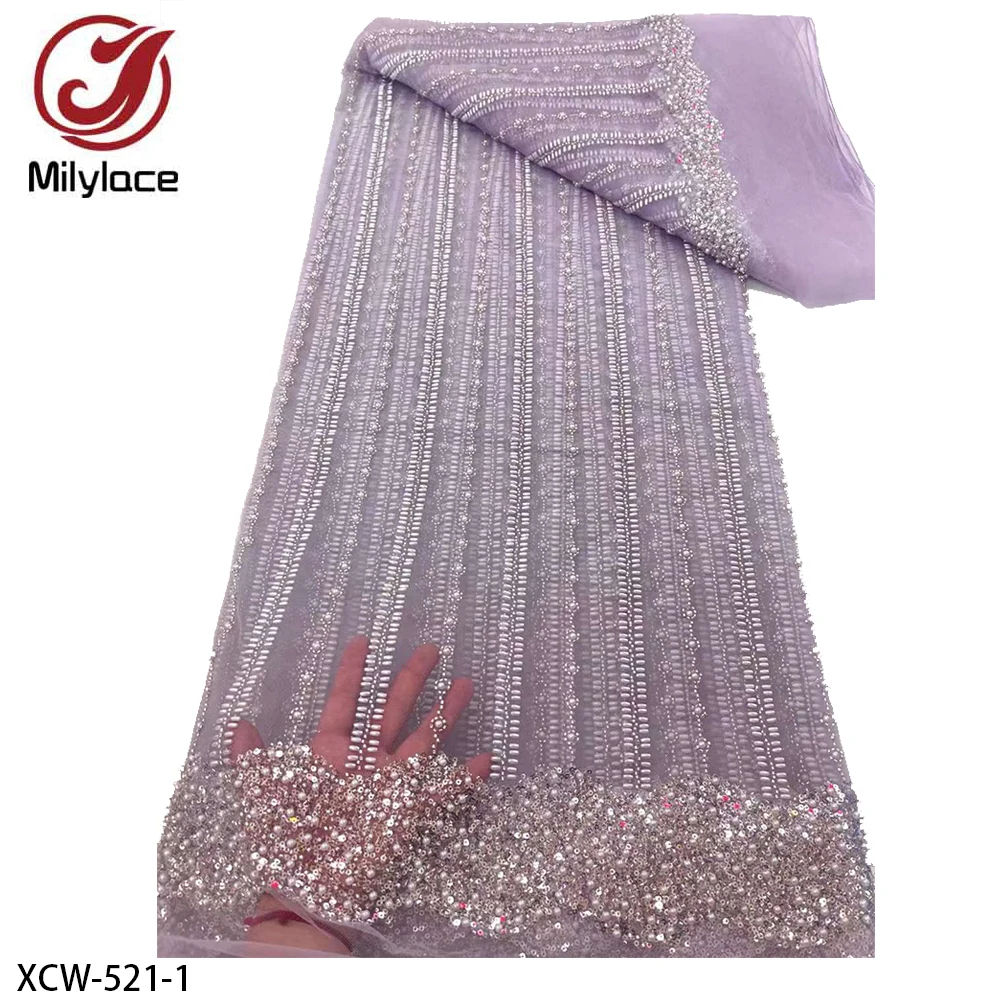 Hot Design Fabric Wholesale Beaded Sequined Lace Fabric Rhinestones Embroidery African Beaded Lace Fabric