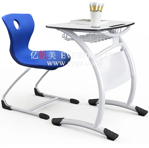 Высококачественный одноместный стол и стул BIFMA синего и белого цвета для студентов, современная школьная мебель