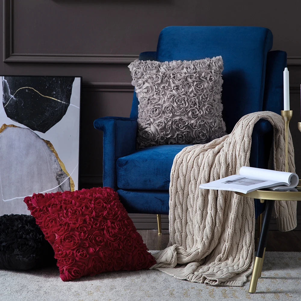 40*40 см ко Дню Святого Валентина чехлы на диванные подушки, романтический стерео шифон 3D розы Подушка серый чехол для подушки для домашнего декора