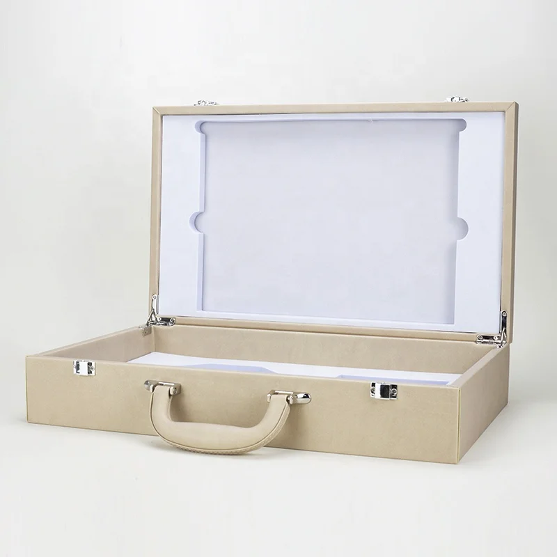 Custom Luxury Large  Brown Drawer Two Layers Tea Box Packaging Suitcase Business Knife And Fork Leather Gift Box Packaging