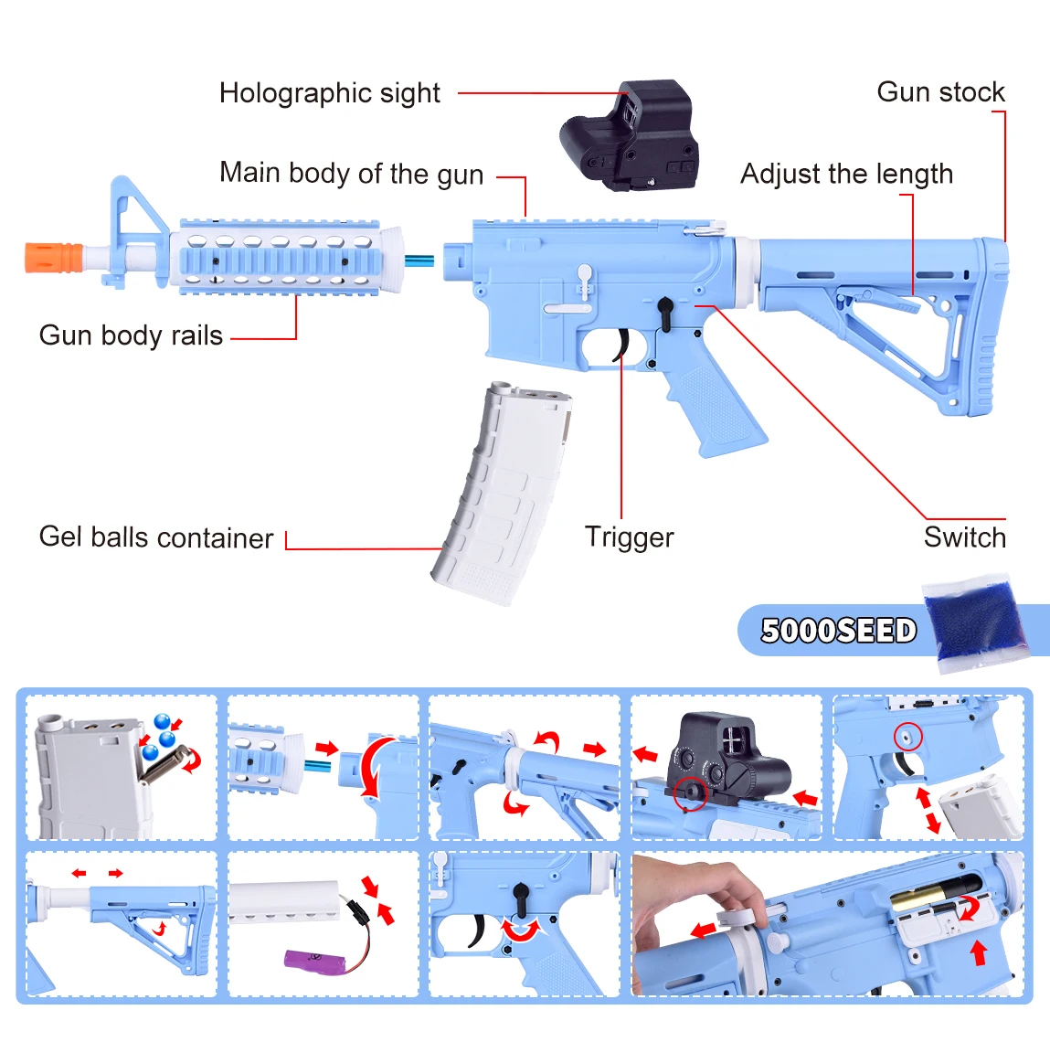 M416 Straight Clip Electric Gel Ball Blaster Toy Gun water gun for Kids for Children