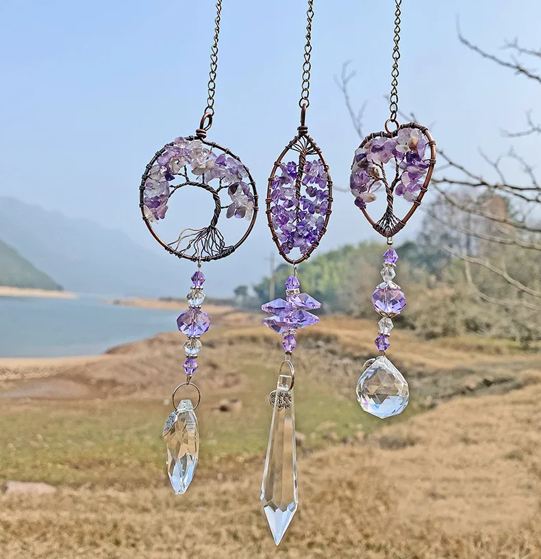 7 Chakra Healing multicolor Natural Stone chips Tree Of Life Prism Crystal Pendant wall Hanging Home house Window Decor