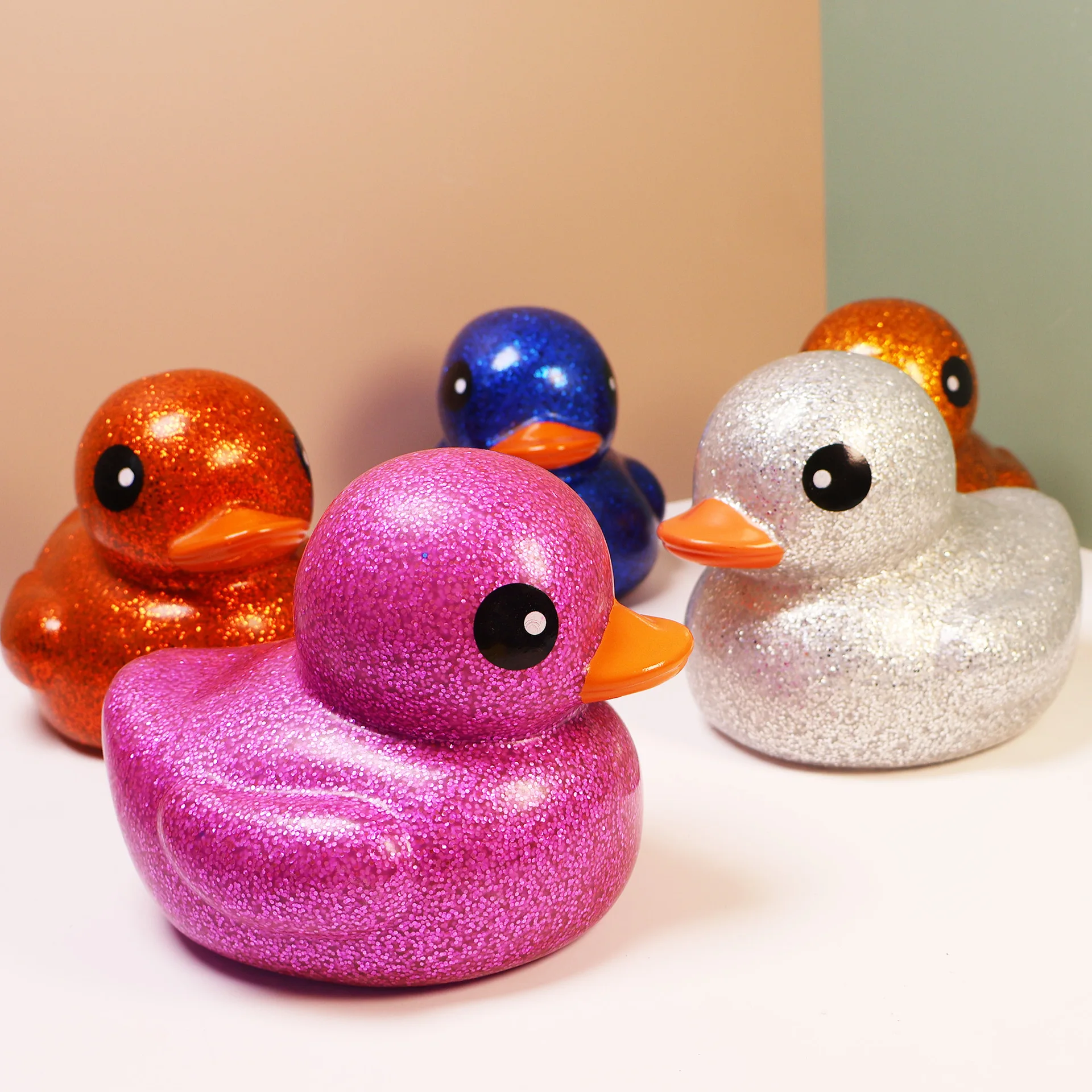 14cm  Vinyl Silver Pink Blue Red Glitter Duck Bath Playing Toys For Babies