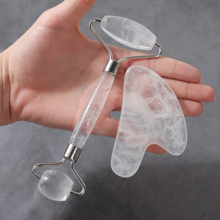 
Natural Clear Jade Gua Sha Massage Crystal Quartz Face Roller With Box 