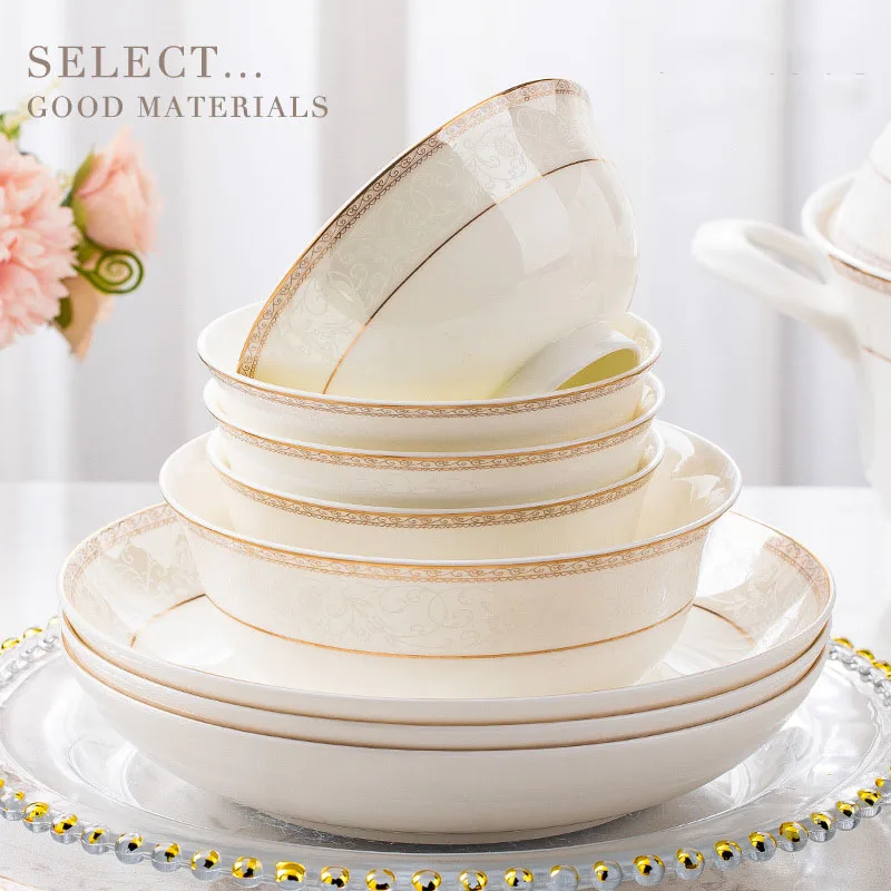Deluxe Edition Sixteen Pieces Set Nordic Style Hand-Painted Gold Border Ceramic Dish And Cutlery Set