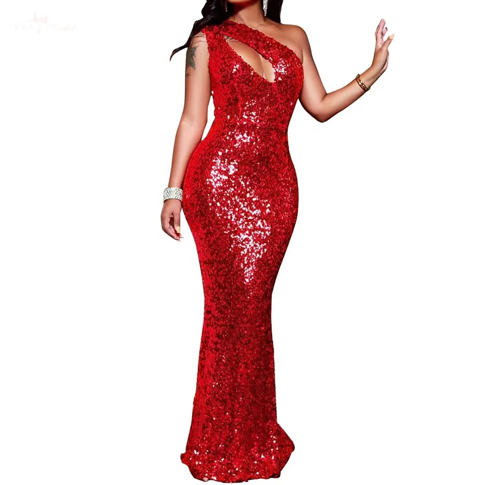 LZF146 One Shoulder Sleeveless Mermaid Prom Dress Shiny Red Sequined Evening Dresses