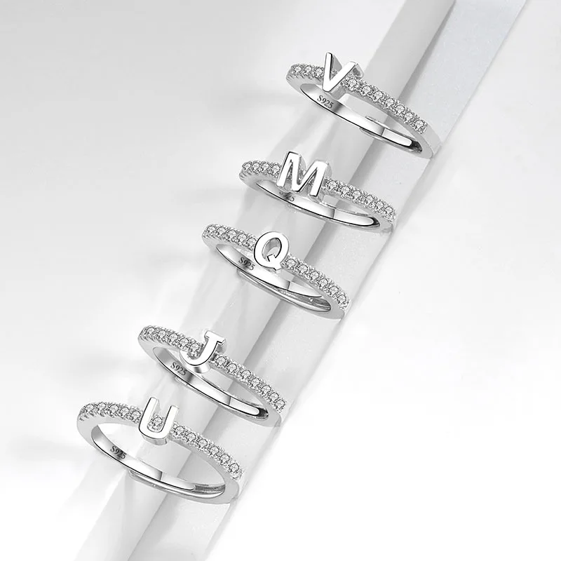 Europe and the America S925 sterling silver new micro-inset letter ring 26 English letter zircon ring opening OD adjustable