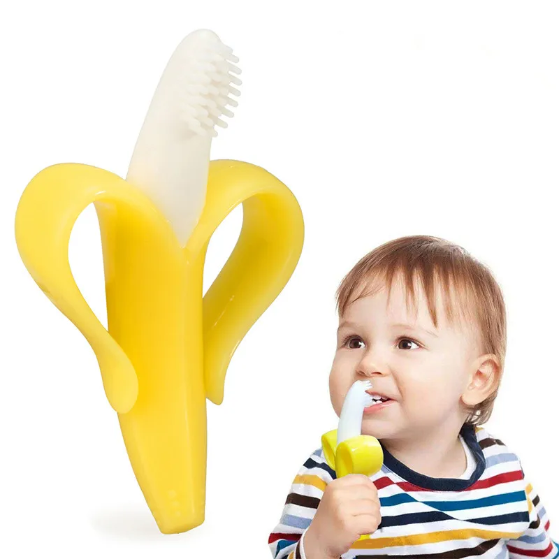 Baby Silicone Training Toothbrush Banana Shape Safe Toddle Teether Chew Toys Teething Ring Gift For Infant Baby Chewing
